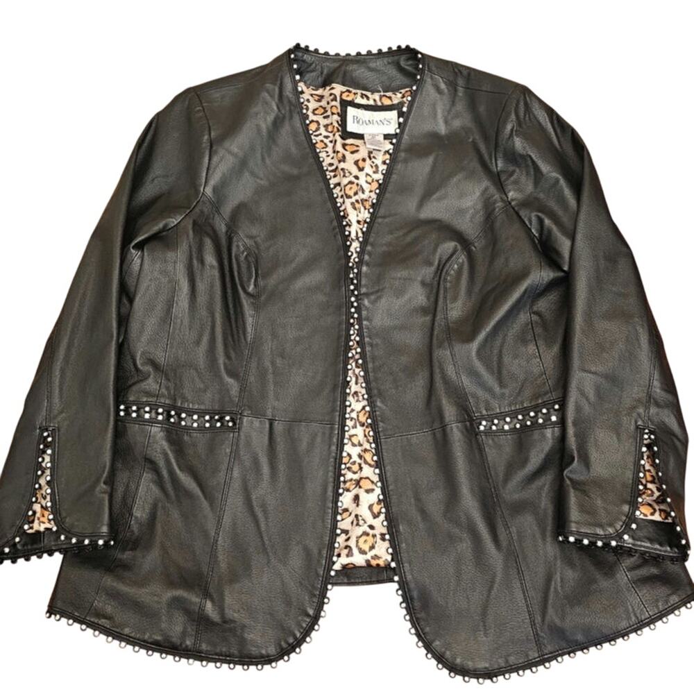 Roaman's Leather jacket W/ Rhinestone Accents Womens 18W Plus Leopard Lining